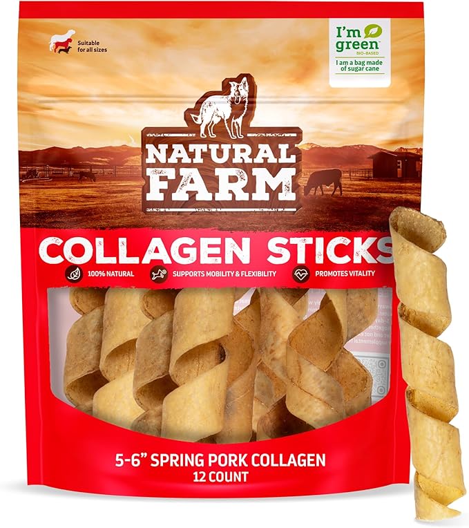 "Natural Farm Curly Pork Collagen Sticks (5-6 Inch, 1 Pack), Fully Digestible & Natural Dog Chews, Flavorful & Long Lasting, Best for Small & Medium Chewers, Odor-Free Rawhide Alternative"