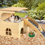 Wooden Guinea Pig Castle Hideout,Enlarged Guinea Pig Castle,Wooden Hamster House with Stairs & Mat,Long-Lasting Small Pet Bed for Piggies Chinchilla Rat Hamster Bunny