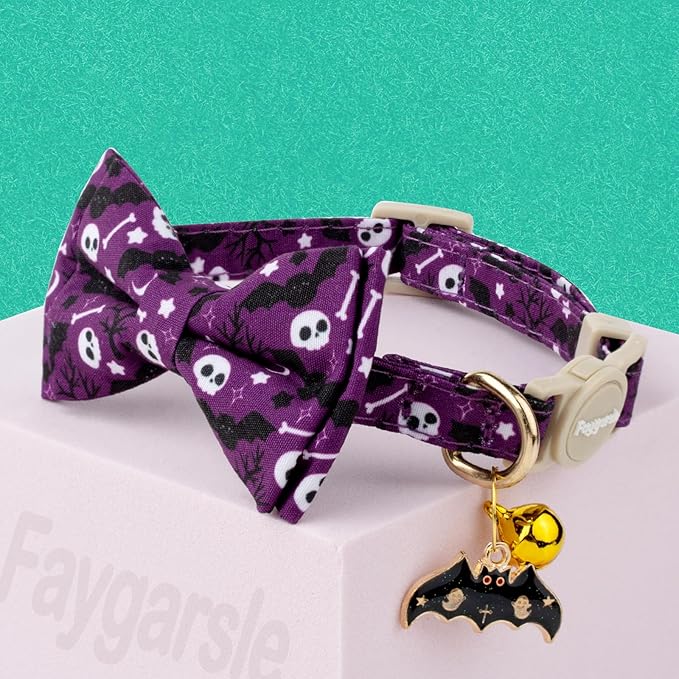Faygarsle 2 Pack Halloween Cat Collar with Bow Tie and Bell, Breakaway Safety Buckle, Purple Skull Bat and Orange Pumpkin Pattern