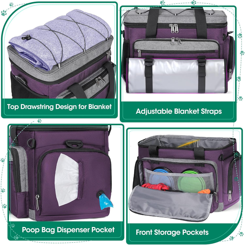IGOLUMON Dog Travel Bag Large Pet Travel Bags Set for Supplies Weekend Dog Travel Kit Tote Organizer Multi-Pockets Dog Food Travel Bag with 2 Large Food Containers, 2 Dog Bowls, 1 Feeding Mat, Purple
