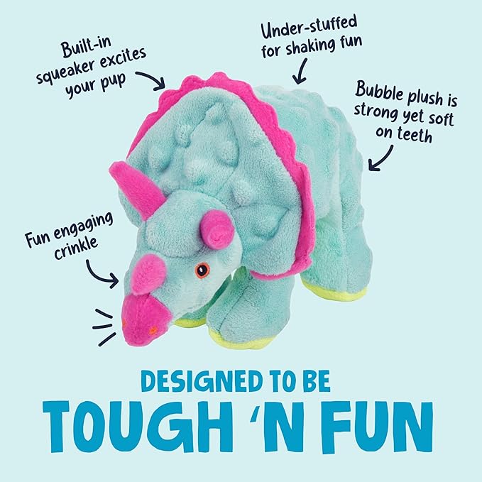 goDog Dinos Frills Squeaky Plush Dog Toy with Chew Guard Technology, Durable Fabric & Squeaker for Active Play, Teal, Small