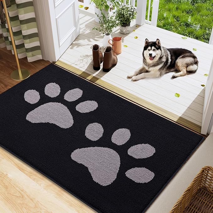 Buganda Dog Door Mat for Muddy Paws, Absorbent Dirt Trapper Washable Indoor Doormats, Non Slip Low-Profile Mud Mat for Dogs, Front Entrance Doormat for Inside Floor (48x30 Inches, Black and Grey)