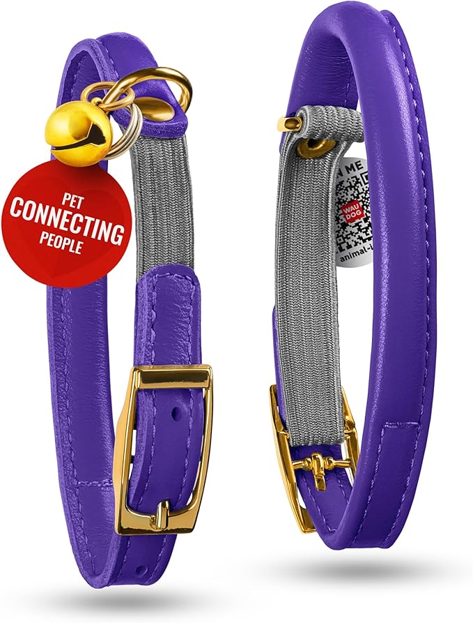 WAUDOG Ultra Soft Rolled Leather Cat Collar with Removable Bell, Safety Elastic Strap and QR ID Tag - Soft Padded for Small, Medium, and Large Cats - Round Kitten Collar for Male and Female Cats