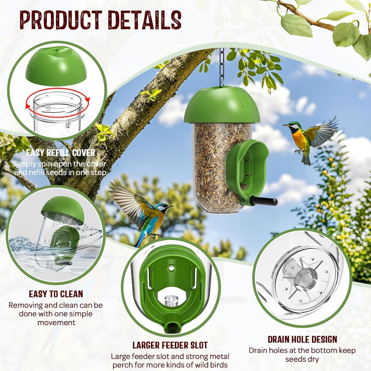 LONA Bird Feeders for Outdoors 2 Pack, Tube Birds Feeder Weatherproof with Multiple Hanging Methods, Wild Feeding Silo for Outside, 1 Port