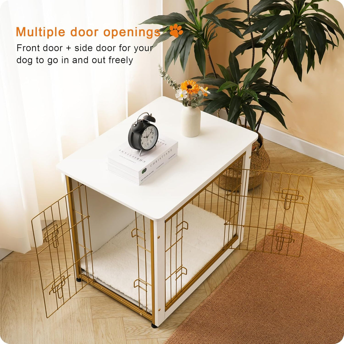 DWANTON Dog Crate Furniture with Cushion, Wooden Kennel Table with Double Doors, Indoor Dog House, Small/Medium/Large Size, 27.2" L, White