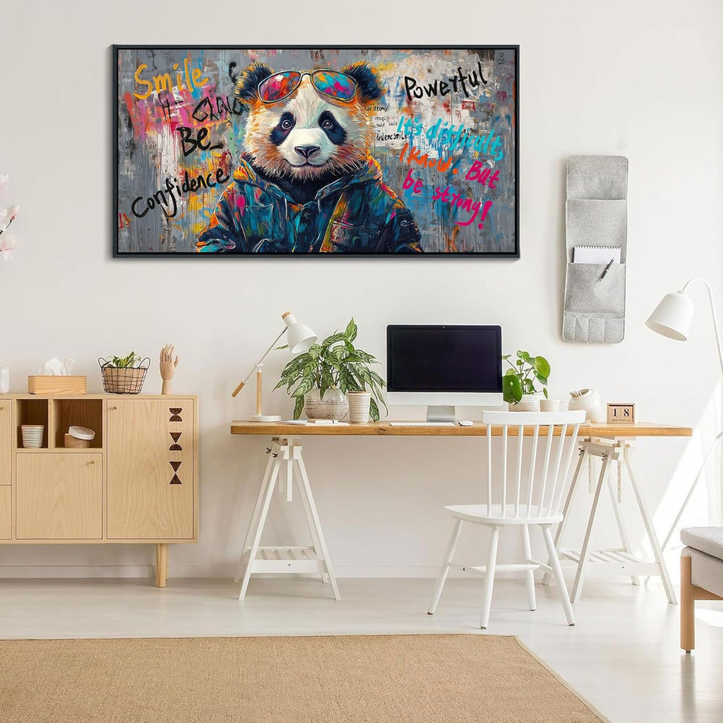JEAWA Graffiti Abstract Wall Art, Cute Panda Street Cool Pop Framed Canvas Animal Paintings for Living Room Bedroom Bathroom Teenage Boy Game Room Inspirational Picture Wall Decor 20x40 IN