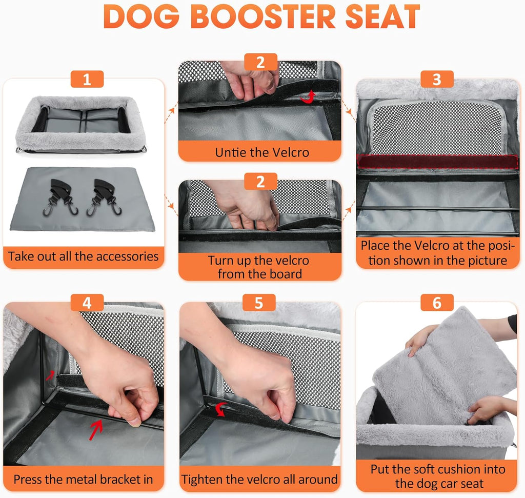 JOEJOY Deluxe Dog Booster Seat with Sturdy Metal Frame and Safety Leash for Small Pets up to 20 lbs - Portable Puppy Dog Car Seat with Thick Cushion and Storage Pockets for Small Dogs