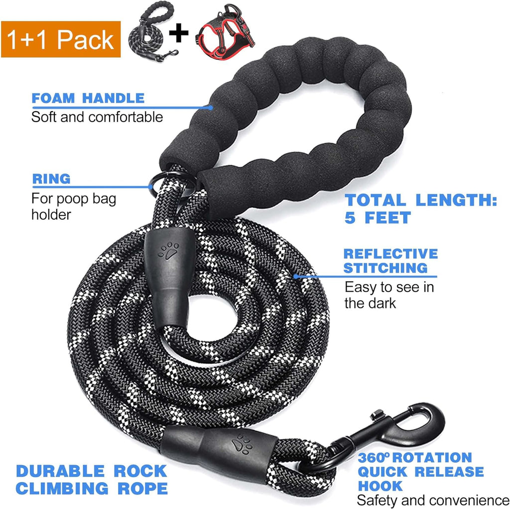 No Pull Harness Adjustable Reflective Oxford Easy Control Medium Large Dogs with A Free Heavy Duty 5ft Leash Black/Red Harness+Leash (E-DH F 004)
