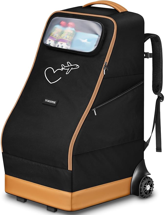 YOREPEK Rolling Car Seat Travel Bag for Airplane, Padded Car Seat Backpack with Large Wheels, Foldable Gate Check Carseat Bags for Air Travel, Clear Pocket for Baby Travel Essentials