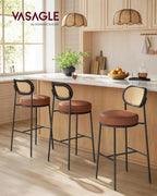 VASAGLE Bar Stools Set of 2, Bar Height Stools with Rattan Back and Metal Legs, 30.1-Inch Tall Counter Chairs, Modern Leather Upholstered Barstools for Kitchen Island Dining Room, Caramel Brown