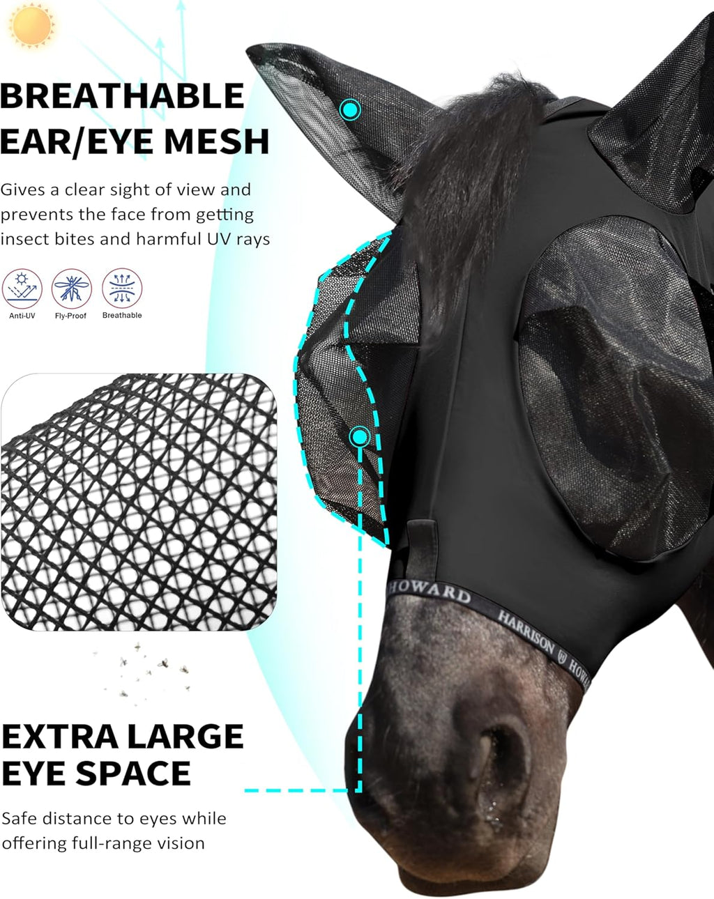 Harrison Howard Horse Fly Mask with Forelock Opening Stretch Breathable and Comfortable for Horses UV -Protection Black L
