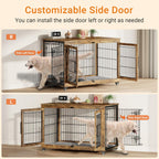 Lulive Dog Crate Furniture, XL Wooden Dog Kennel Indoor Double Doors Dog Cage, 44'' Heavy Duty Dog Crate with Cushion & Wheels, Decorative End Table Pet House Chew-Resistant for Large Dogs, Brown