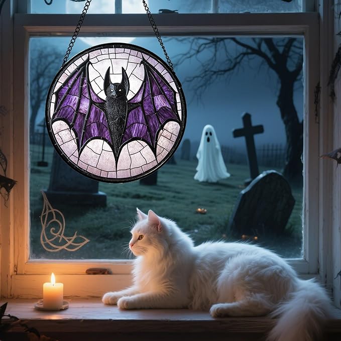 Stained Glass Window Hanging - Halloween Black Bat Purple Wings Monster Suncatcher for Doors Garden Home Spooky Sun Catchers Gothic Decor Horror Gift for Women Men Friend Boy Girl 11.8 in