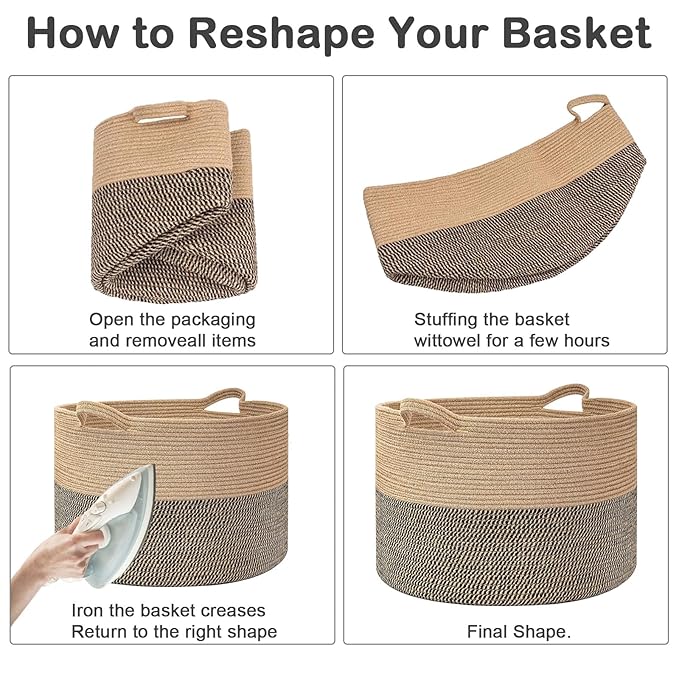 65L Large Blanket Basket,19.7" L x 19.7" W x 13" H Rope Woven Baskets with Handles, Toys Storage Bins,Laundry Basket Perfect for Living Room, Nursery,Bedroom,Home Organization,Black&Camel