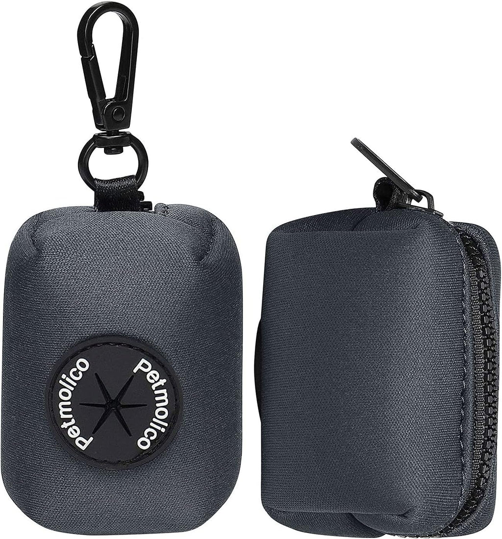 Petmolico Dog Poop Bag Holder Leash Attachment, Dog Waste Bag Dispenser Zippered Pouch, Fits Any Dog Leash, Includes Free Roll of Dog Bags, Poop Bag Dispenser - 2 Pack, Deep Gray