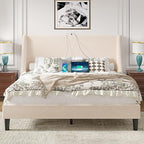 VECELO Queen Bed Frame with Upholstered Wingback Headboard, Heavy-Duty Platform Bedframe with Charging Station, Wooden Slats, No Box Spring Needed, Beige