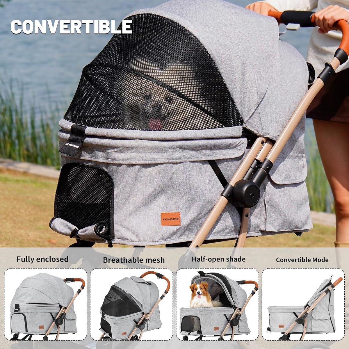 EchoSmile Small Medium Dogs Stroller 4-Wheel Pet Strollers for Medium Dogs Up to 50lbs, One Click Folding Large Cat Stroller, Reversible Handle, Shock Absorbing Wheels, Removable Washable Pad