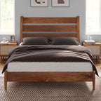 VanAcc Solid Wood Full Bed Frame, Platform Bed with Reclining Slatted Headboard, Mid Century Bed Frame with Wood Slat Support, Light Brown