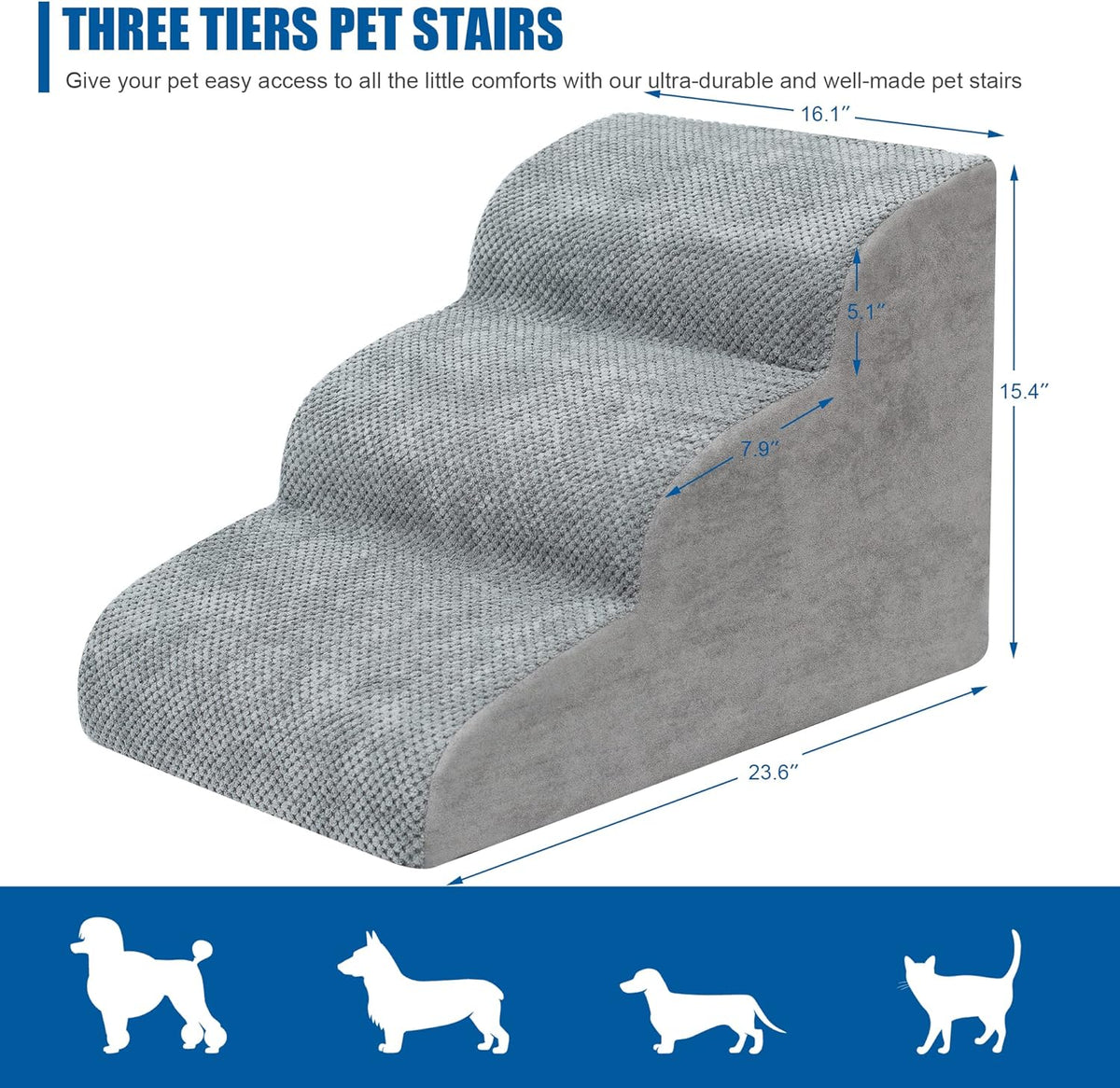 Dog Stairs for Small Dogs - High Density Foam Dog Ramp, Extra Wide Pet Steps with Non-Slip Bottom for High Beds, Couche and Sofa, Best for Dogs Injured, Older Doggy Cats (Grey, 3 Steps)