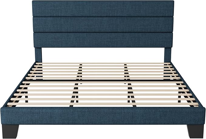 Allewie King Size Platform Bed Frame with Fabric Upholstered Headboard and Wooden Slats Support, Fully Upholstered Mattress Foundation/No Box Spring Needed/Easy Assembly, Navy Blue