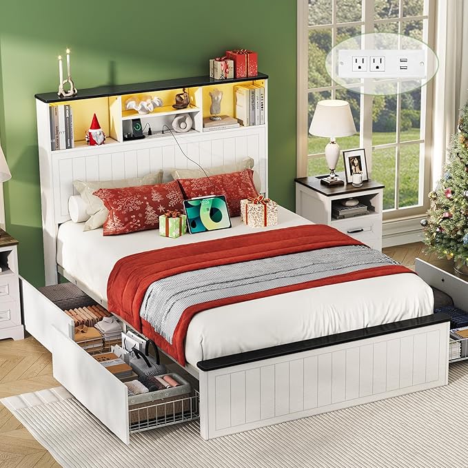 Yoobure Full Size Bed Frame with Headboard - Farmhouse Wood Bed Frames with 4 Storage Drawers, Platform Beds with Charging Station & LED Light, No Noise Double Bedframe, No Box Spring Needed, White