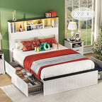 Yoobure Full Size Bed Frame with Headboard - Farmhouse Wood Bed Frames with 4 Storage Drawers, Platform Beds with Charging Station & LED Light, No Noise Double Bedframe, No Box Spring Needed, White