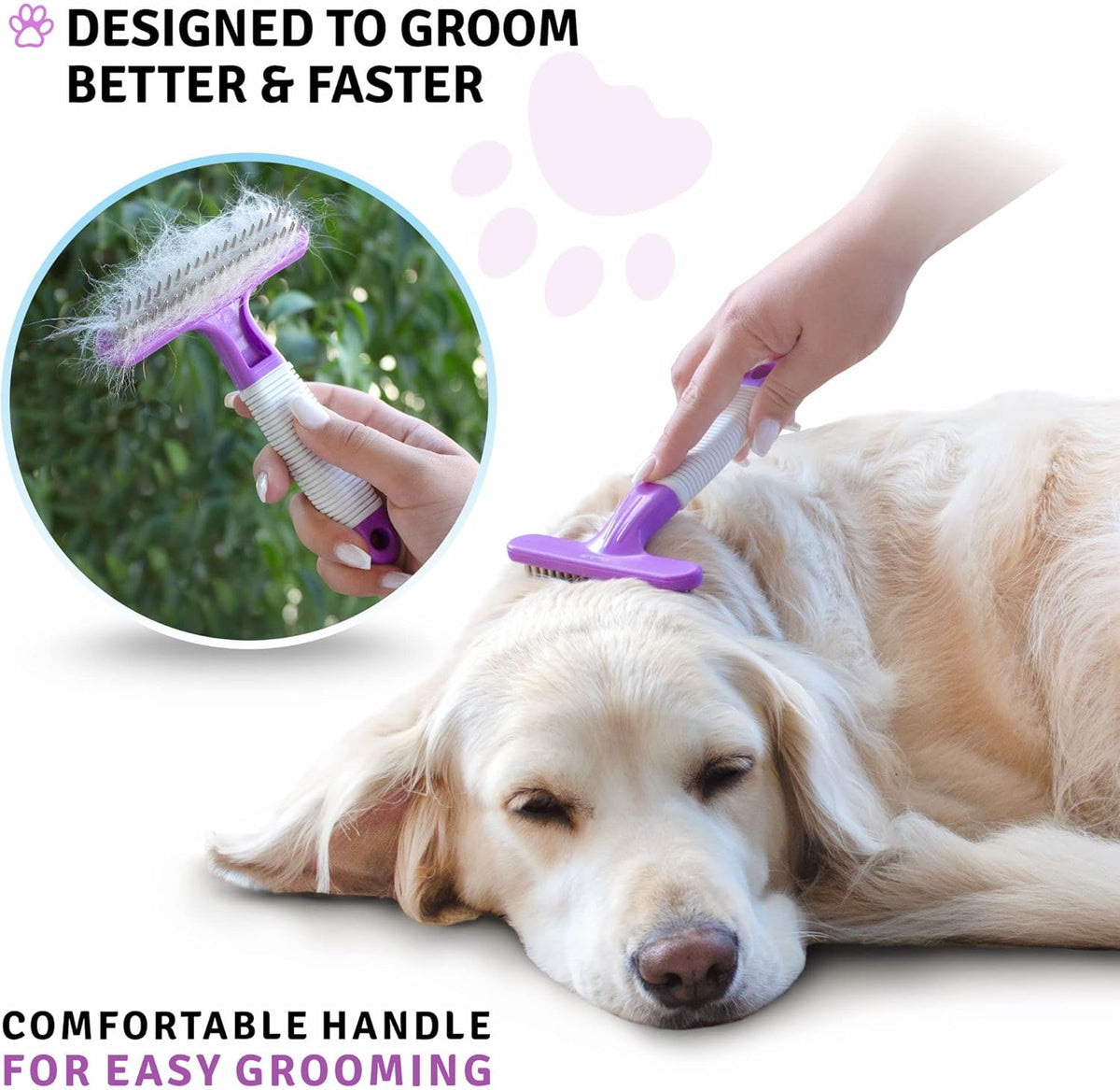 POODLIE Poodle Pet Dog Grooming Rake| Dematting Tool with Stainless Steel Shedding Comb for Pets | 2 Rows of Pins Gently Remove Loose or Tangled Hair from Undercoat | Purple Handle
