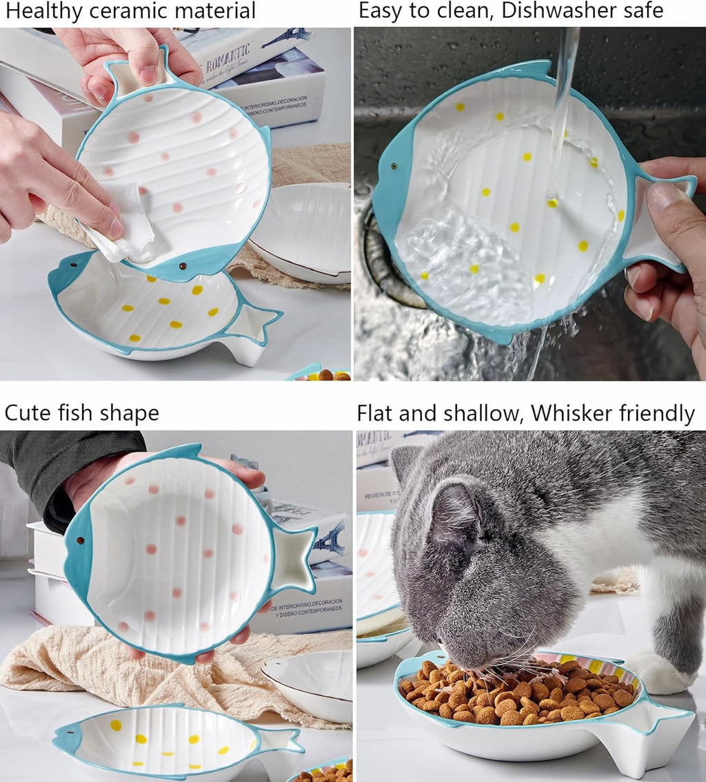 Double Whisker Friendly Ceramic Cat Food Dishes, Cute Shallow Anti Whisker Fatigue Wide Cat Bowl for Indoor Cats, Whisker Relief Flat Cat Plates for Wet Food, Small Pet Kitten Feeding Dish