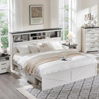 ACCOHOHO King Bed Frame Farmhouse with 52" Storage Bookcase Headboard, 4 Drawers Wooden Bed Frame, LED Light, Charging Station - White