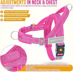 SlowTon No Pull Dog Harness with Front Clip - Heavy Duty, Soft Padded | Neck & Chest Adjustable, Tactical Pet Vest and Leash Set for Large Medium Sized Dogs, for Easy Walk & Training, Fuchsia XL