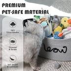 Sea Team Cat Toy Storage Basket with Handles, 16.5 x 11 x 7 Inches, 4.4 Gallons Large Cotton Rope Storage Bin, Shelf Basket, Organizer for Pet Chew Toys, Foods, Grey Meow
