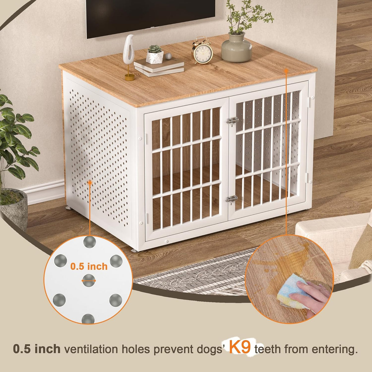 42" Heavy Duty Dog Crate Furniture for Large Dogs, Metal Kennel for High Anxiety Dogs, White Wooden Cage Furniture Indoor, Decorative Dog Kennel End Table, XL