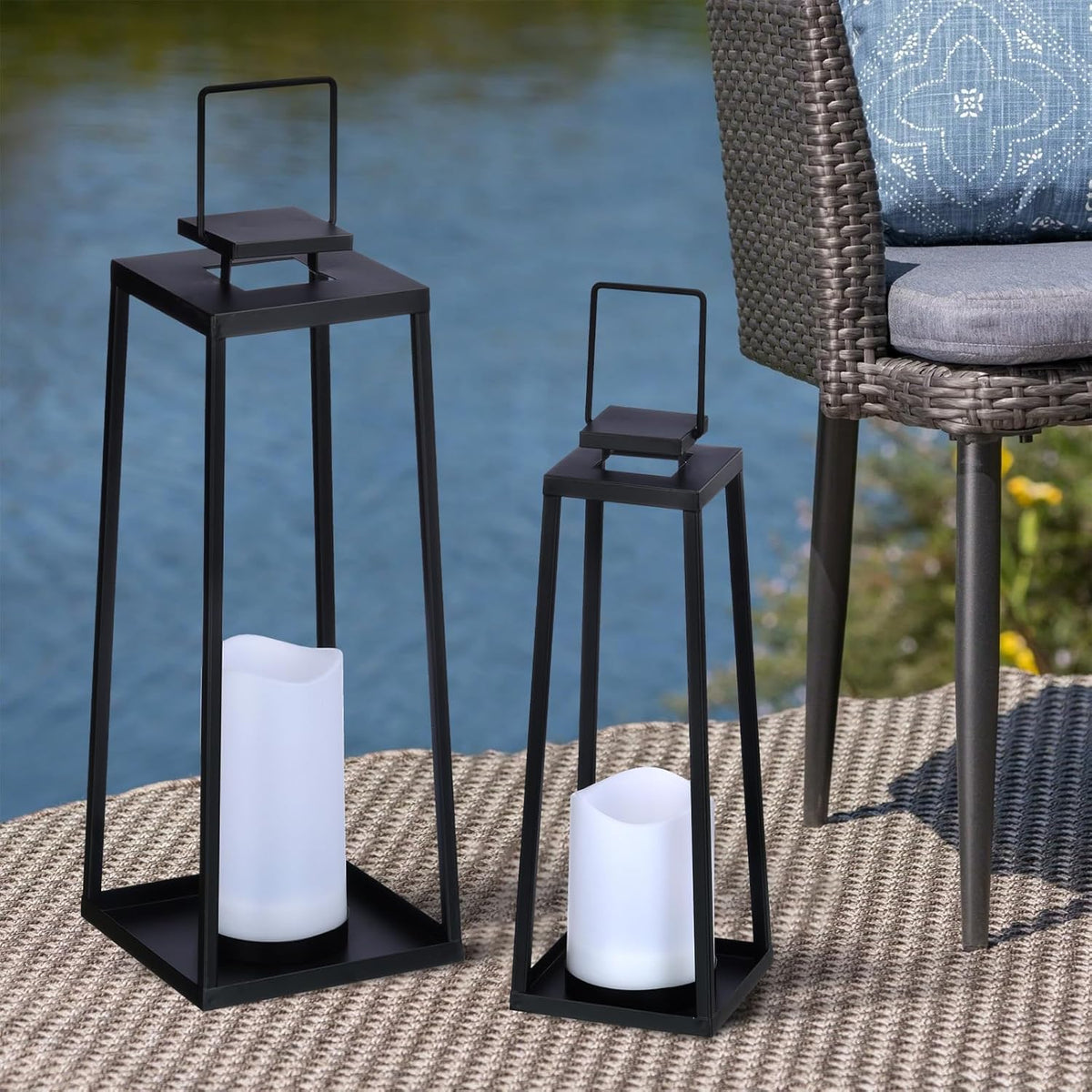 Solar Lantern Decorative Outdoor Set of 2 (18’’ & 15’’) Modern Black Metal Lanterns with Solar Candles, Decorative Candle Lanterns for Outdoor Porch, Patio, Garden, Yard Decor
