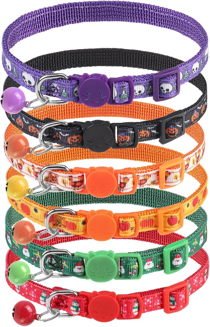PUPTECK Thanksgiving Cat Collar with Bell 6 Packs Breakaway for Fall Halloween - Autumn Soft Adjustable Kitten Kitty Collars for Small Pet Puppy Bunny Christmas with Safety Release Buckle