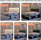 Queen Bed Frame with LED Lights & Storage Drawers, No Box Spring Needed, Heavy Duty 900lbs Weight Capacity, Easy Assembly, Modern Upholstered Platform Bed, PU White