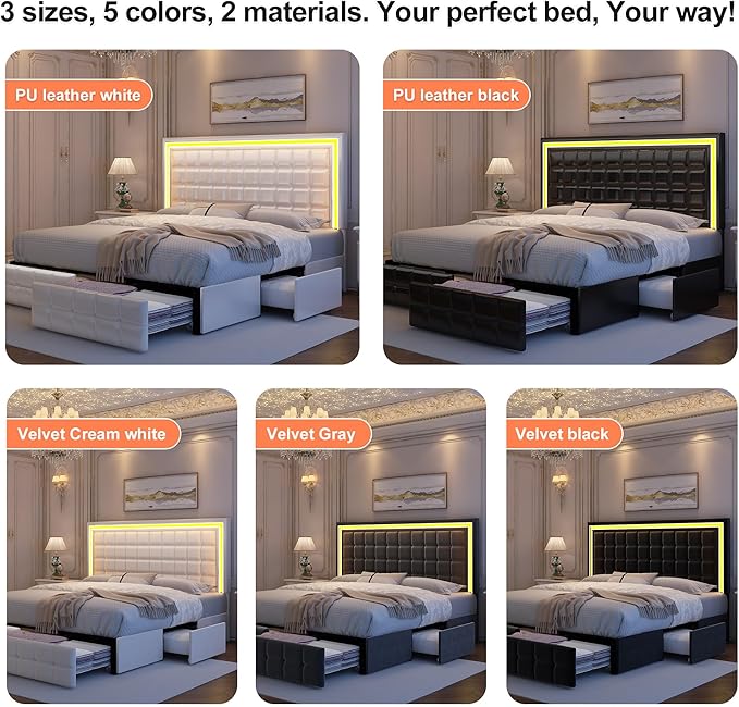 Queen Bed Frame with LED Lights & Storage Drawers, No Box Spring Needed, Heavy Duty 900lbs Weight Capacity, Easy Assembly, Modern Upholstered Platform Bed, PU White