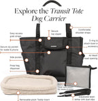 Transit Tote Dog Carrier for Small/Medium Dogs 8-20 lbs, 19x12x9 Soft-Sided 4-Pc Set with Waterproof Base, Plush Insert, Food Pouch, Mesh Head Opening - Medium, Graphite