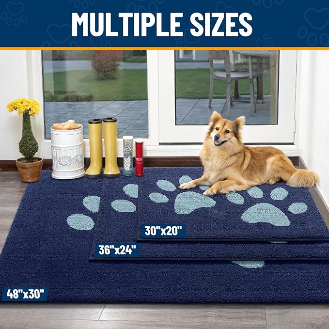 Smiry Dog Door Mat for Muddy Paws, Absorbs Moisture and Dirt, Low-Profile Entryway Mat with Non-Slip Backing, Entry Indoor Outdoor Doormat for Inside Floor (36x24 Inches, Dark Blue, Paw)