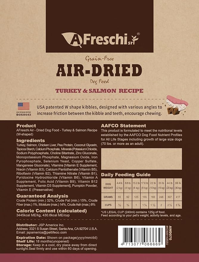 AFreschi Air-Dried Dog Food Turkey & Salmon Recipe 1 lb, All-Natural, Complete & Balanced, Grain-Free, High-Protein, Limited Ingredients