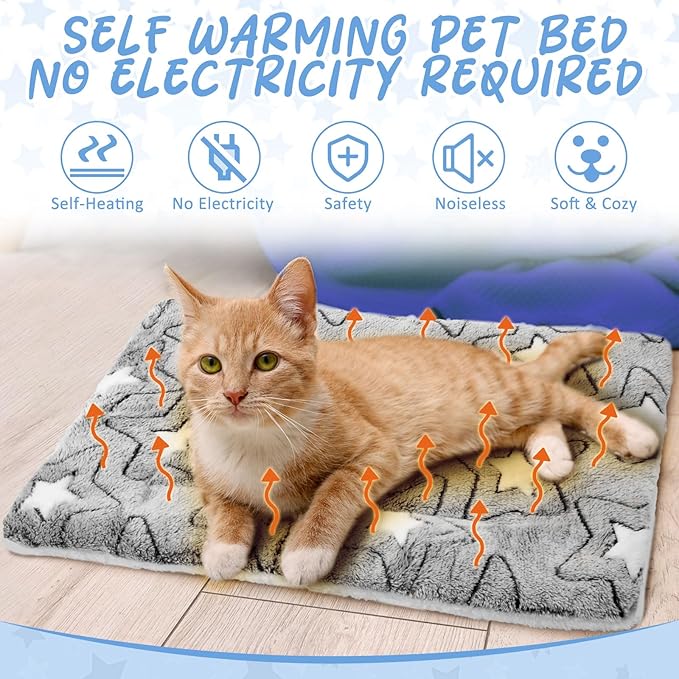 VitalCozy 2 Pack Self Warming Cat Mat Self Heating Pad Bed Reversible Machine Washable Reflects Body Heat Warm Thermal Pet Pad Crate Blanket for Feral and Indoor Cat(Double Star,21" X 14")