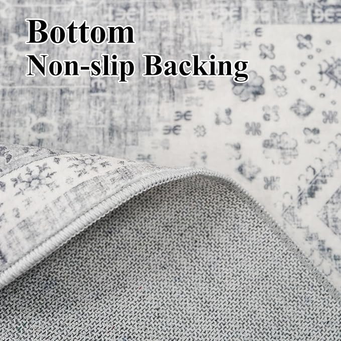3x6 Kitchen Runner Rug Washable - Vintage Wide Hallway Carpet with Non Slip Backing Machine Woven Stain Resistant Bedroom Rugs Distressed Home Decor Floor Mat for Bathroom Laundry (Grey,3x6)