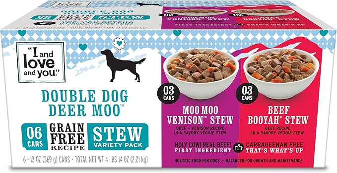 I AND LOVE AND YOU Wet Dog Food - Double Dog Deer Moo Variety Pack - Beef + Venison, Grain Free, Filler Free 13oz can, 6pk