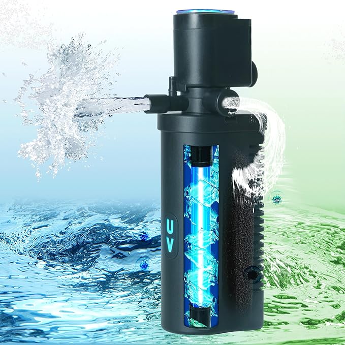 TARARIUM Small Aquarium Filter U-V for 10-45 Gallon Tank, 158GPH Fish Tank Filters for Betta Fish Tank Green Clean Machine, Internal Pump Filter for Turtle Tank Saltwater Freshwater Crystal Clear