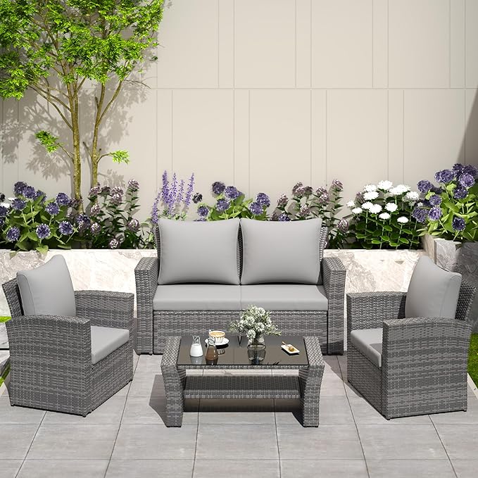 Solaste 4 Piece Outdoor Patio Furniture Set, Outdoor Sectional Sofa with Tempered Glass Coffee Table and Cushions, Wicker Rattan Patio Set for Backyard, Front Porch, Balcony, Gray