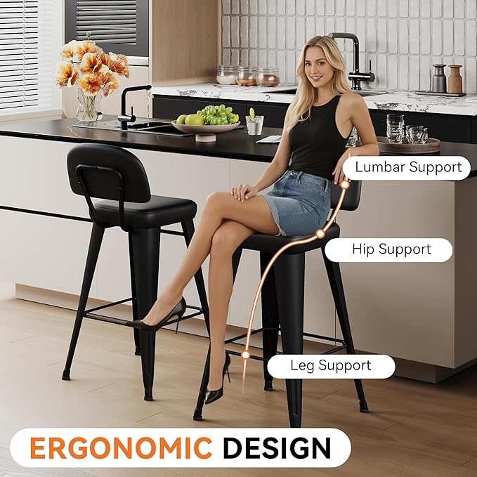 Aklaus PU Leather Metal Bar Stools 24 inch Faux Leather Counter Height Barstools Set of 4 Modern Farmhouse Bar Chairs with High Backs and Faux Leather Seat for Kitchen Island Dining Room Matte Black