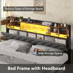 King Bed Frame with Upholstered Headboard, Bed Frame King Size with Hidden Storage,3-Tier Storage Shelves, LED Lights and Charging Station, King Bed with Noise-Free, No Box Spring Needed, Gray