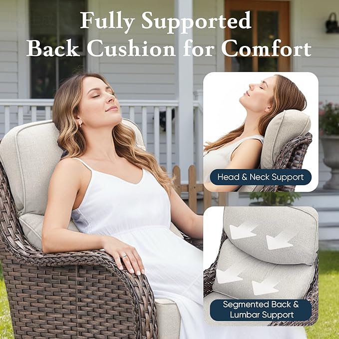 Belord Luxury 6" Thick Cushioned 7 Pieces Patio Furniture Set with Fire Pit Table, Wicker Outdoor Conversation Set with High Back Swivel Rocker Chairs for Deck Porch Yard and Poolside - Brown+Beige
