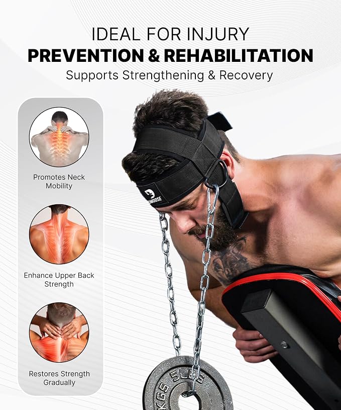 DMoose Fitness Neck Harness for Weight Lifting - Soft Padded Head & Chin Strap with 30" Heavy Duty Steel Chain - Neck Exerciser, Trainer & Strengthener to Support Injury Recovery and Intense Workouts