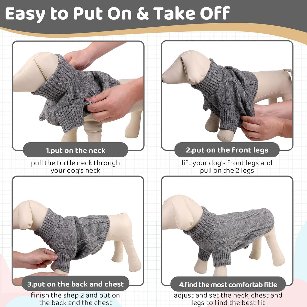 Queenmore Small Dog Pullover Sweater, Cold Weather Cable Knitwear, Classic Turtleneck Thick Warm Clothes for Chihuahua, Bulldog, Dachshund, Pug (Slate Grey, X-Small)