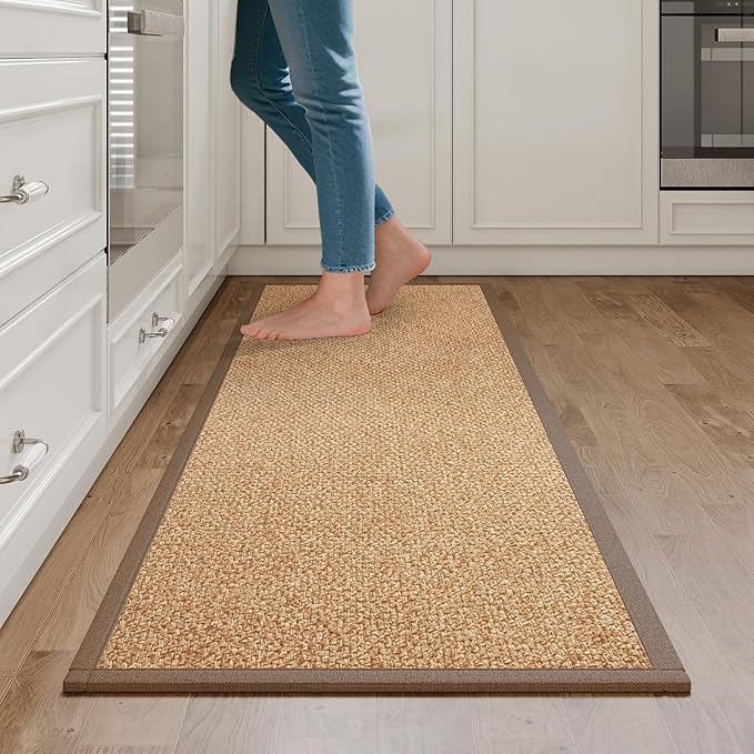 Kitchen Rugs Non Slip Washable, Super Absorbent Kitchen Mats for Floor, Rubber Backing Jute-Like Braid Kitchen Sink Mat Runner Rug Standing Floor Mat, Easy to Clean, Brown 17"x47"